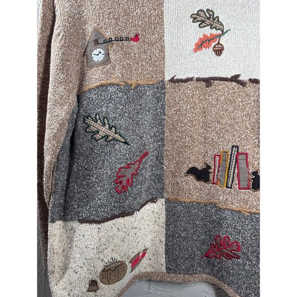Tanjay Fall Leaves Thanksgiving Knit Pullover Sweater Books Sewing Size Small - Picture 2 of 5